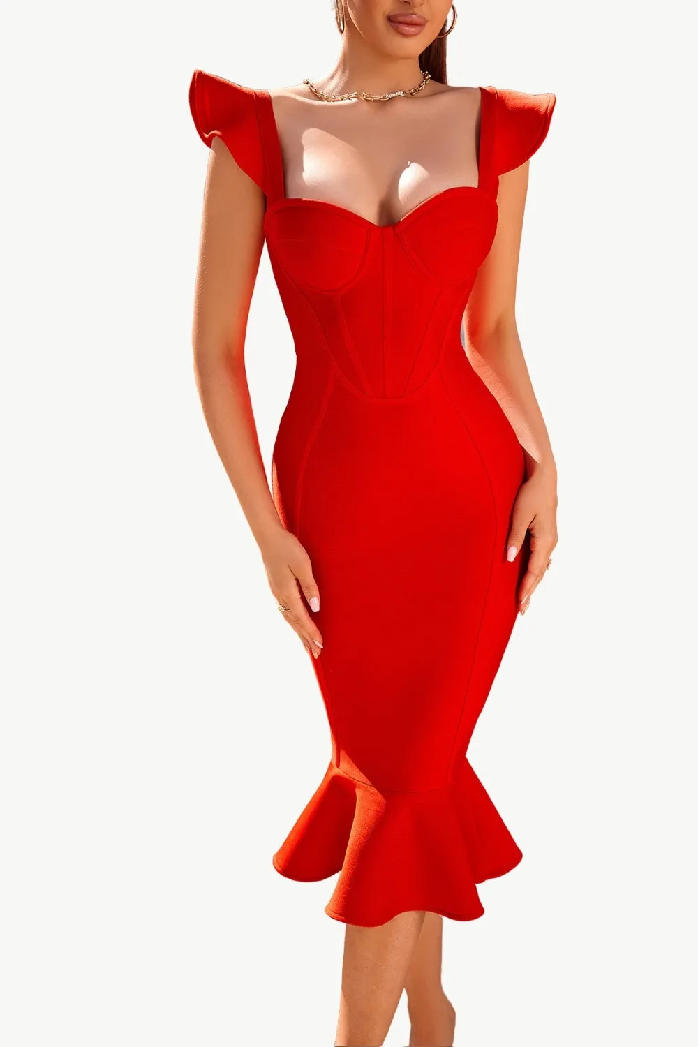 Abito da cocktail corsetto midi sirena a forma di sirena rossa