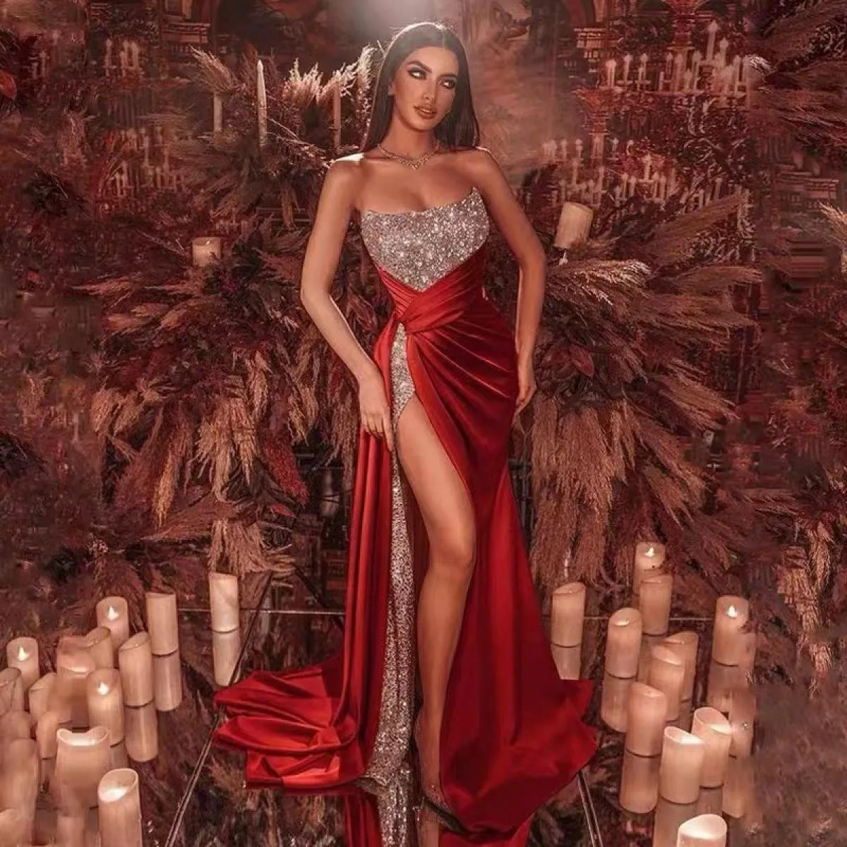 Abito da gala con spacco e paillettes senza spalline con ampia altalena per le donne, elegante abito da cocktail per feste da se