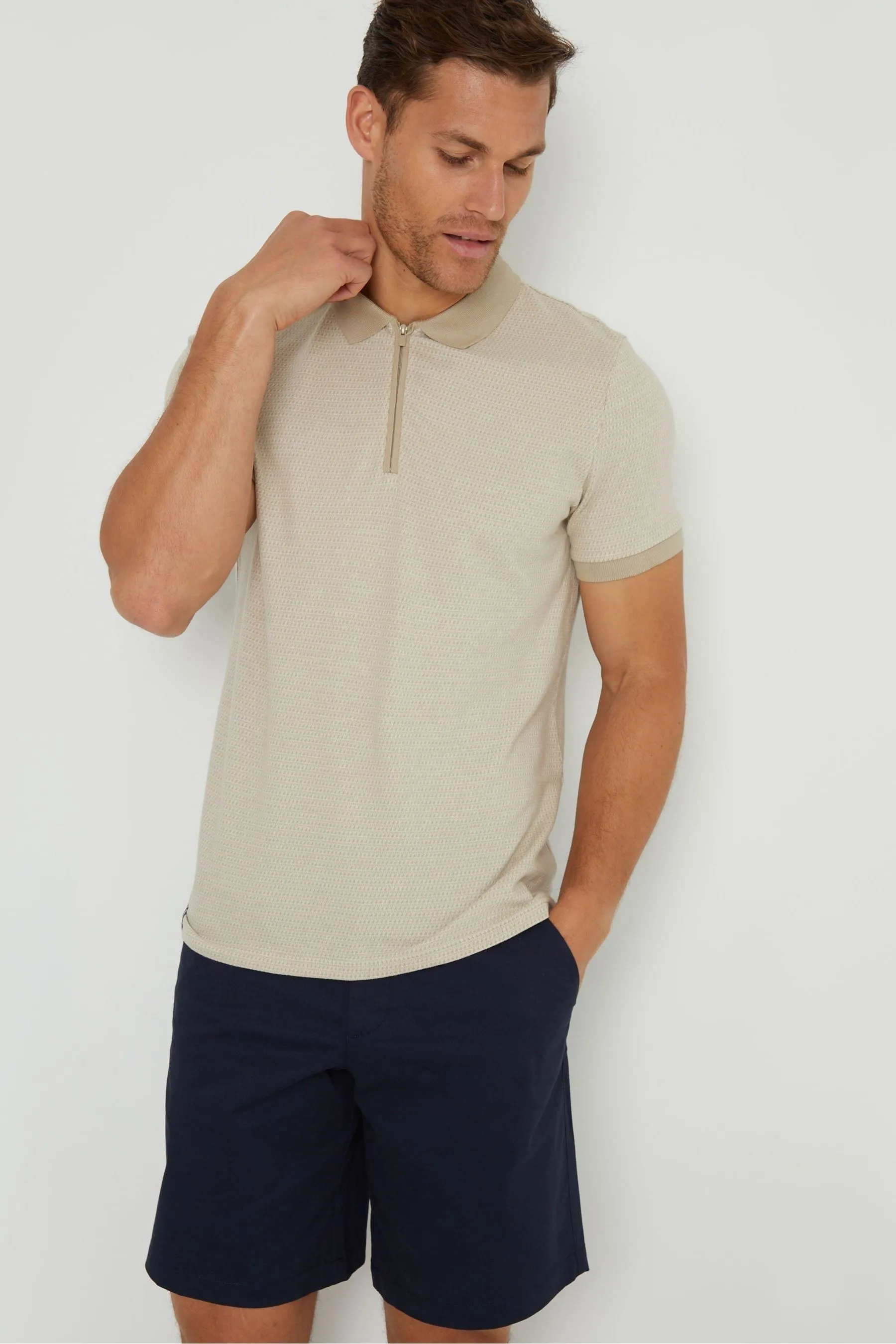 Threadbare Geometric Print Zip Collar 100% Cotton Jersey Polo Shirt    